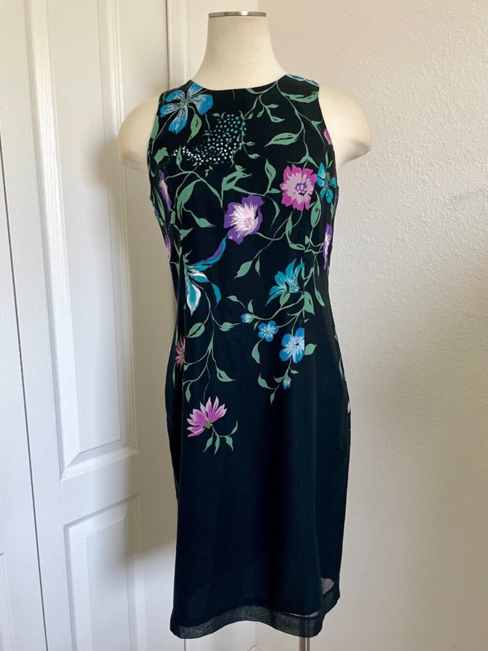 Vintage Y2K Papell Evening 100% Silk Chiffon Beaded Floral Mini Sheath Dress 6